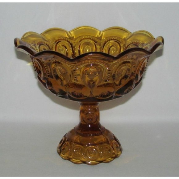 LE Smith Glass MOON AND STAR Amber Large Footed Flared Ruffled Compote - Picture 1 of 2
